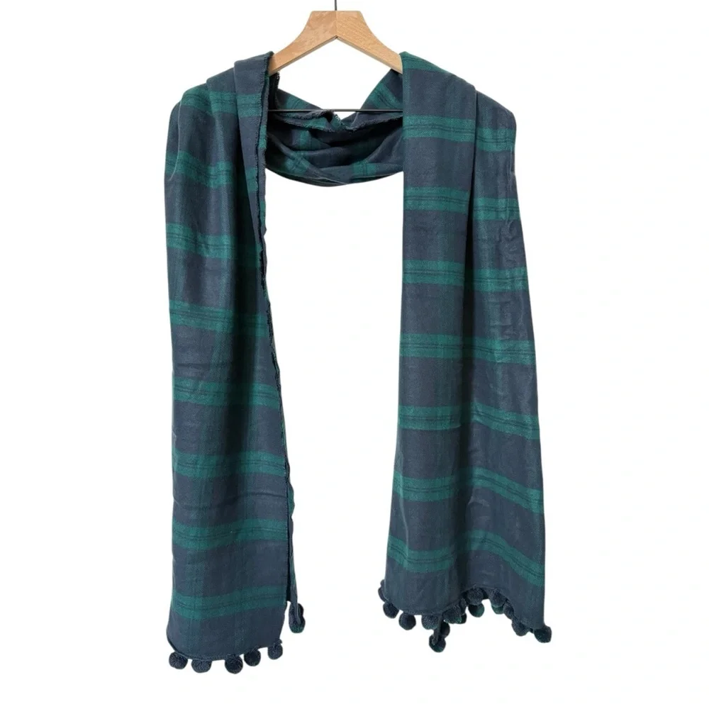 J. Crew Oversize Pom Pom Black Watch Tartan Plaid Scarf